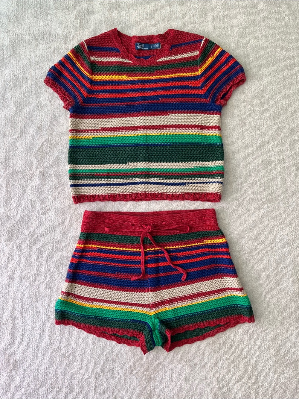 Polo by Ralph Lauren Linen Cotton Multi-Stripe Crochet Sweater & Shorts Set - Picture 1 of 8